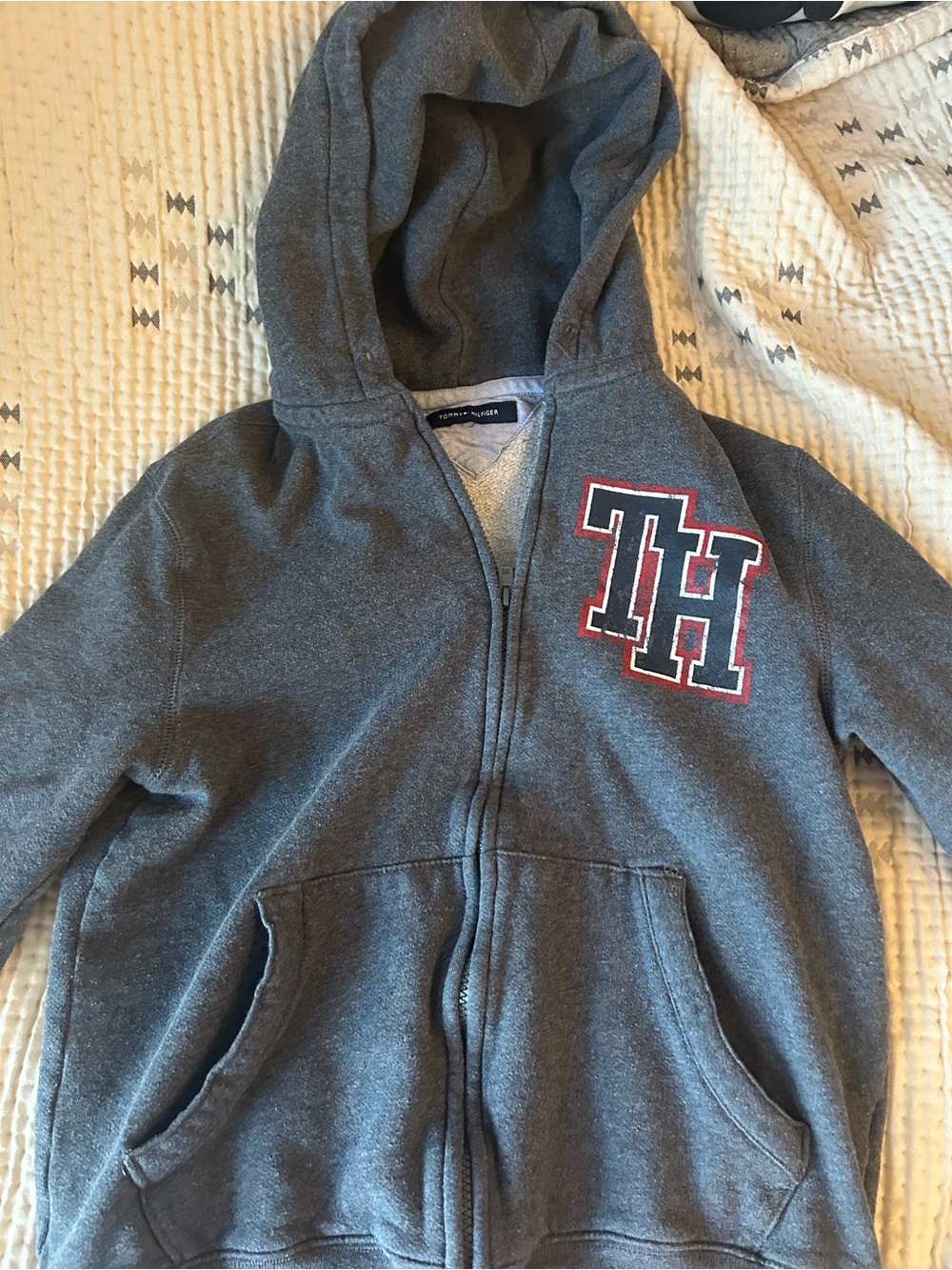 Tommy Hilfiger Gray Zip Hoodie with Red & White TH Patch